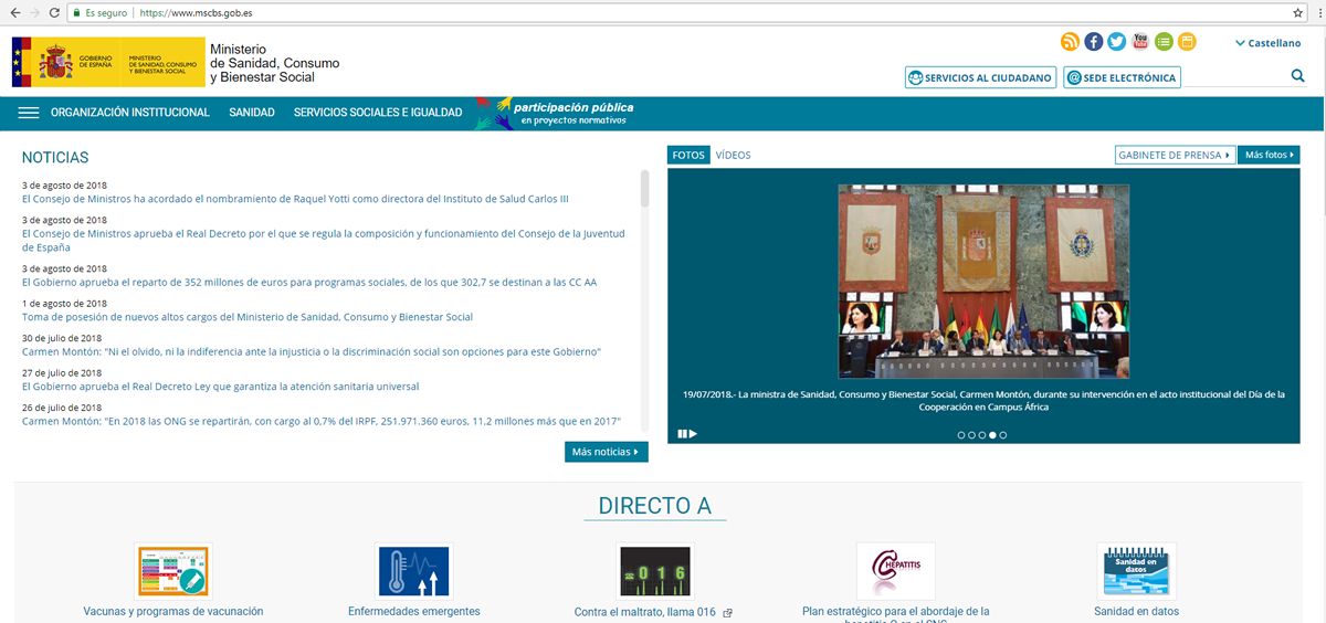 Imagen actual de la página web del Ministerio de Sanidad, Consumo y Bienestar Social, con la nueva URL.