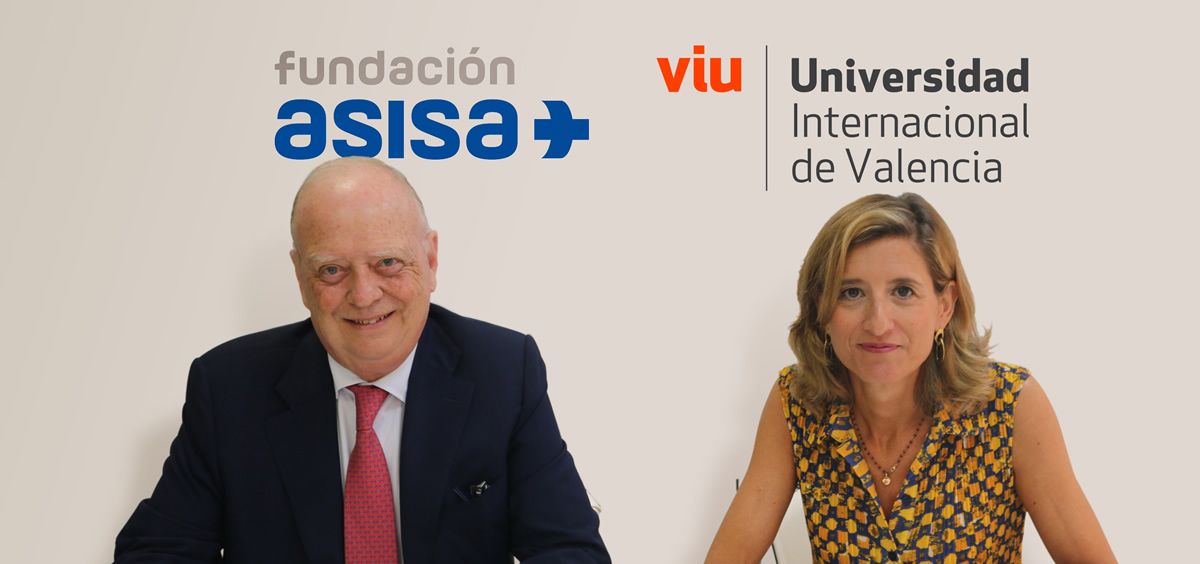 De izq. a dcha.: El presidente de la Fundación Asisa, Francisco Ivorra, y la rectora de la Universidad Internacional de Valencia, Eva María Giner, durante la firma del acuerdo.