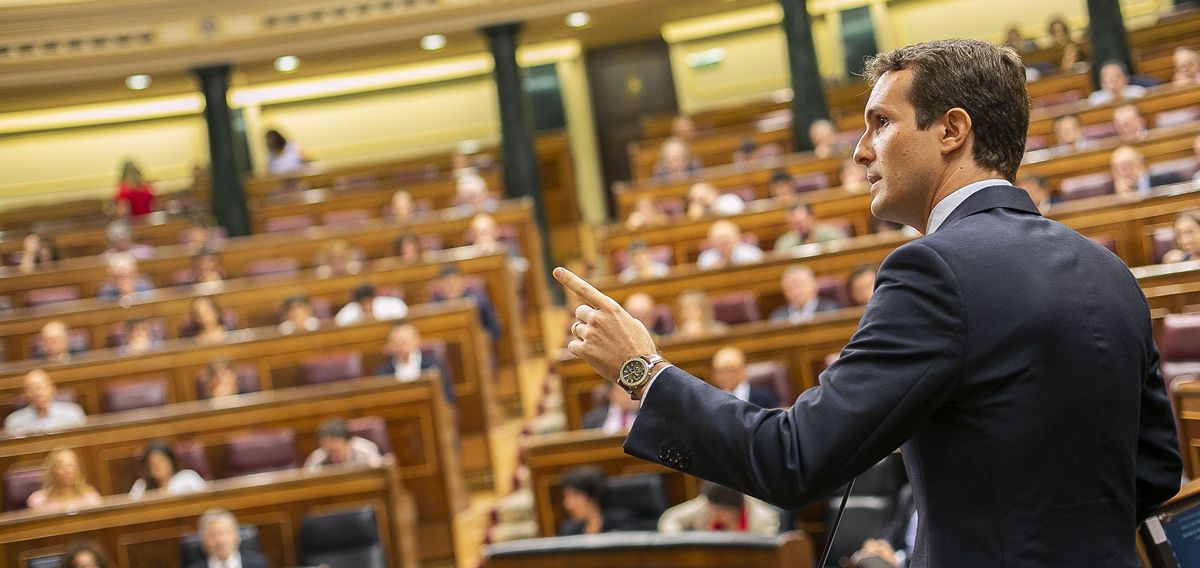 Pablo Casado, presidente del Partido Popular, interviniendo en el Congreso de los Diputados.