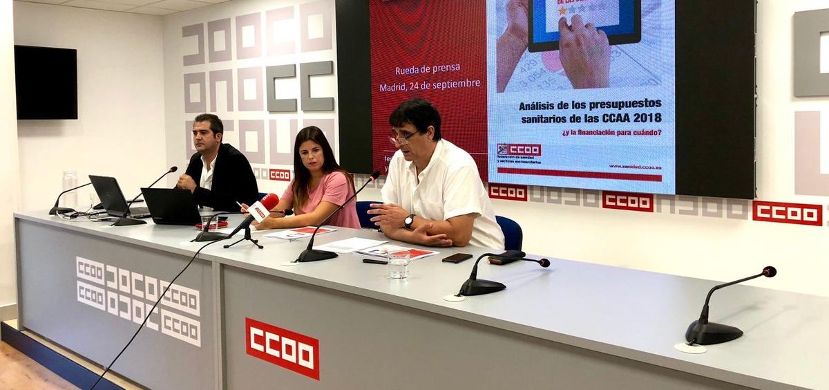 Pablo Caballero, Rocío Ruiz y Antonio Cabrera, este lunes en la presentación del informe sobre empleo sanitario y listas de espera de la FSS-CCOO