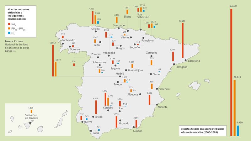 Mapa de las muertes atribuibles a la contaminación de España (El aire que respiras la contaminación atmosférica en las ciudades)
