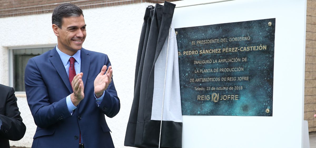 Pedro Sánchez durante la inauguración de la ampliación de la planta de Reig Jofre en Toledo donde ha alabado el Sistema Nacional de Salud