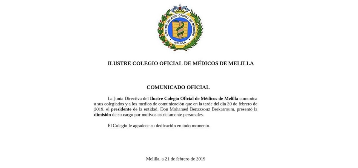 Imagen del comunicado del Colegio de Médicos de Melilla.
