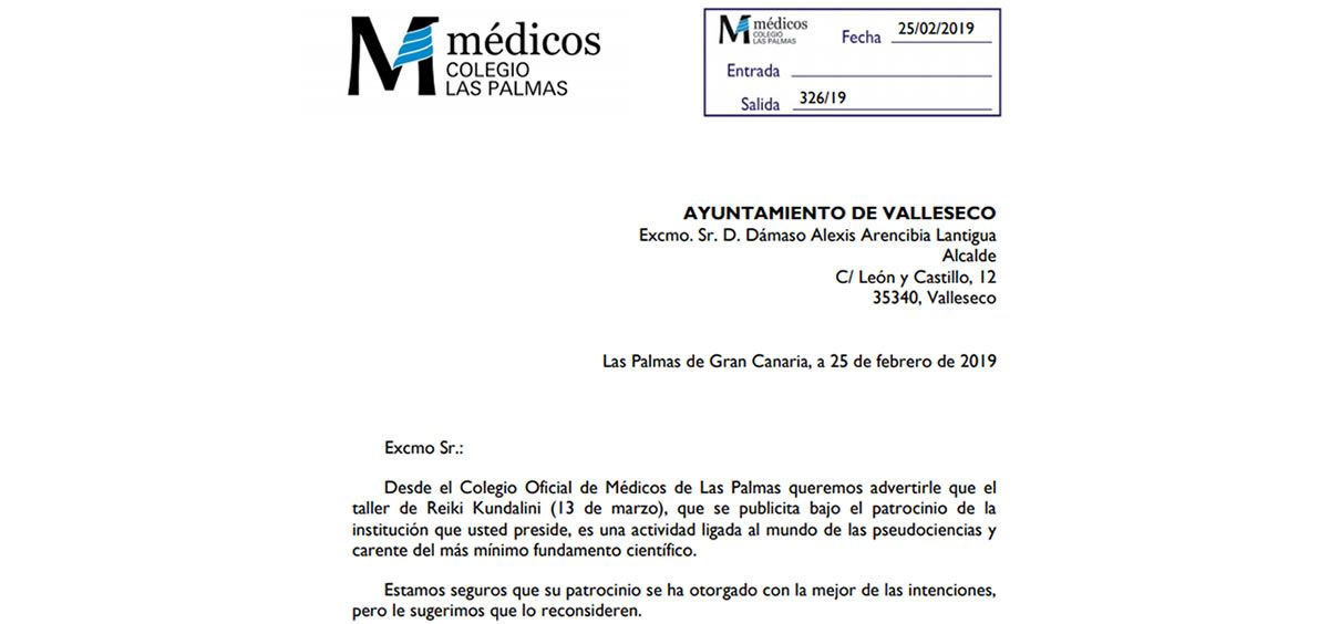 Carta del Colegio de Médicos de Las Palmas al Ayuntamiento de Valleseco.