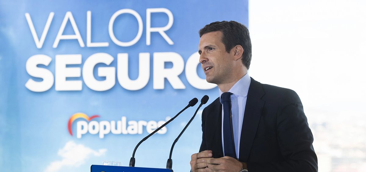 Pablo Casado, presidente del PP, presentando el programa electoral.
