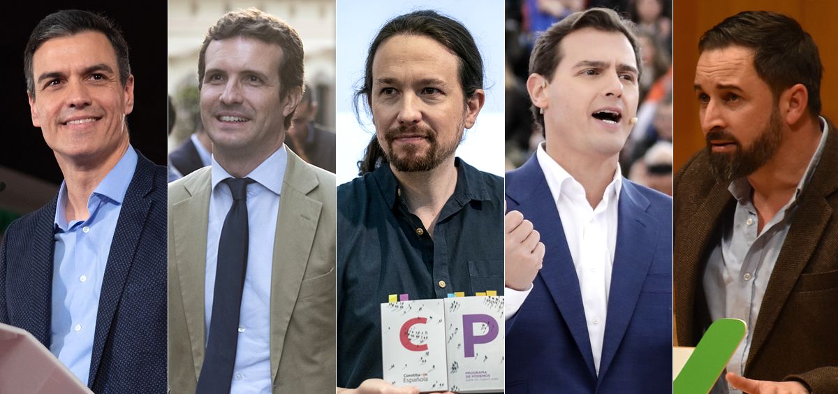 Pedro Sánchez (PSOE), Pablo Casado (PP), Pablo Iglesias (Unidas Podemos), Albert Rivera (Ciudadanos) y Santiago Abascal (Vox). (Fotomontaje ConSalud).