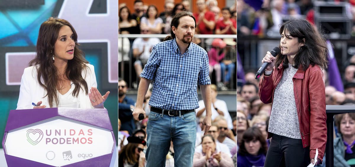 De izquierda a derecha: Noelia Vera, Pablo Iglesias e Isabel Serra, representantes de Podemos